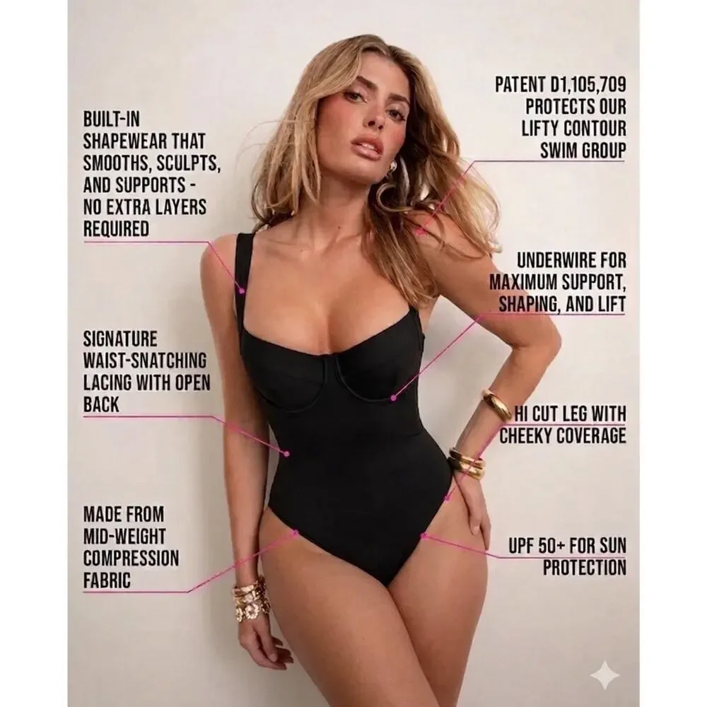 TA3 Lifty One Piece Swimsuit Black Corset Sculpting Lace Back Size Small NWT